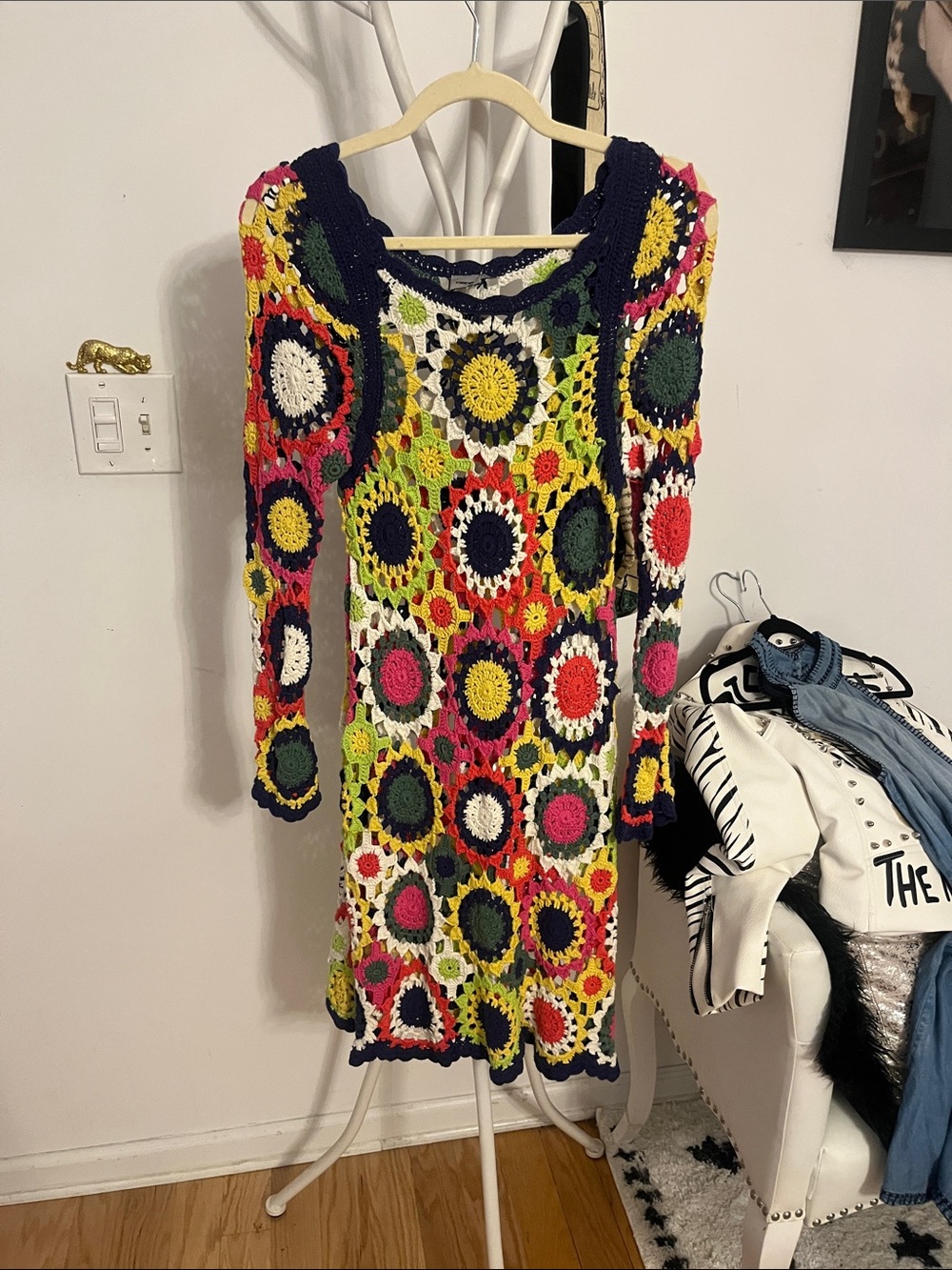 ASOS Multicolor Crochet Off-Shoulder Floral Sweater Dress with Navy Accents